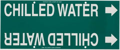 Made in USA - Pipe Marker with Chilled Water Legend and Arrow Graphic - 8 to 10" Pipe Outside Diam, White on Green - Exact Tooling