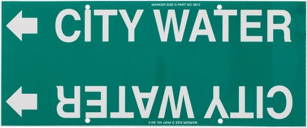 Made in USA - Pipe Marker with City Water Legend and Arrow Graphic - 8 to 10" Pipe Outside Diam, White on Green - Exact Tooling