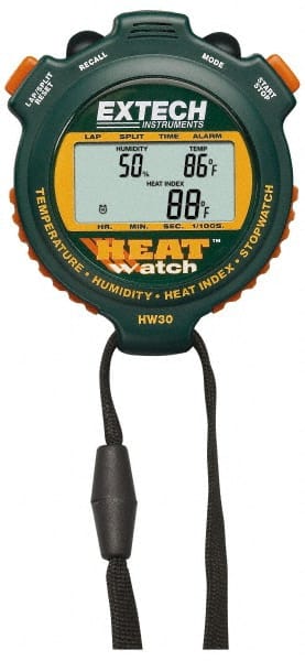 Extech - Digital Thermometer Stopwatch Clock - 8 Functions, 1/100 Sec Resolution, Green - Exact Tooling