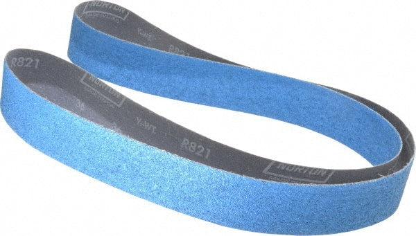 Norton - 2" Wide x 72" OAL, 36 Grit, Zirconia Alumina Abrasive Belt - Zirconia Alumina, Very Coarse, Coated, Y Weighted Cloth Backing, Dry, Series R821 - Exact Tooling