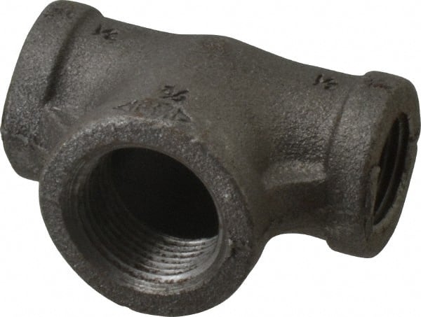 Made in USA - Size 1/2 x 1/2 x 3/4", Class 150, Malleable Iron Black Pipe Reducing Tee - 150 psi, Threaded End Connection - Exact Tooling