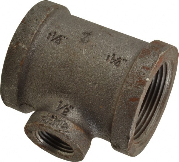 Made in USA - Size 1-1/4 x 1-1/4 x 1/2", Class 150, Malleable Iron Black Pipe Reducing Tee - 150 psi, Threaded End Connection - Exact Tooling