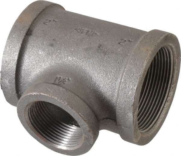 Made in USA - Size 2 x 2 x 1-1/4", Class 150, Malleable Iron Black Pipe Reducing Tee - 150 psi, Threaded End Connection - Exact Tooling