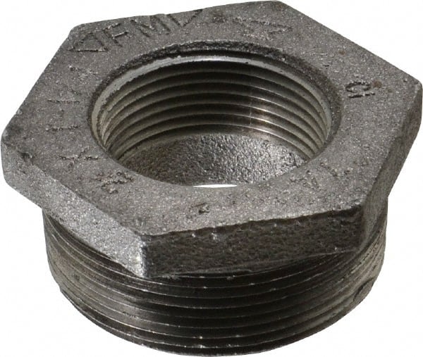 Made in USA - Size 2 x 1-1/4", Class 150, Malleable Iron Black Pipe Hex Bushing - 150 psi, Threaded End Connection - Exact Tooling