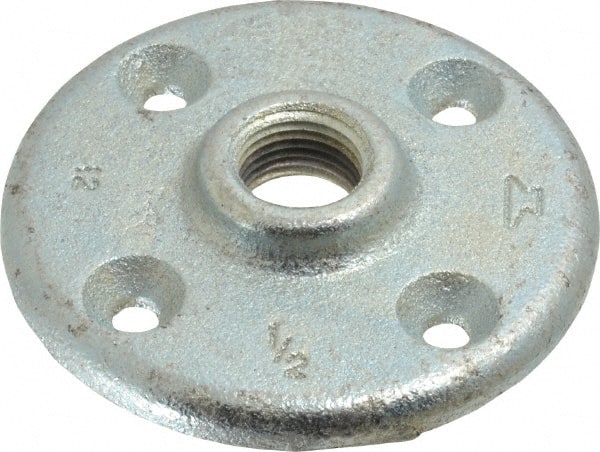Made in USA - 1/2" Pipe, 3-1/2" OD, 5/8" Hub Length, Galvanized Floor Pipe Flange - 2-1/2" Across Bolt Hole Centers, 1/4" Bolt Hole, 150 psi, Class 150 - Exact Tooling