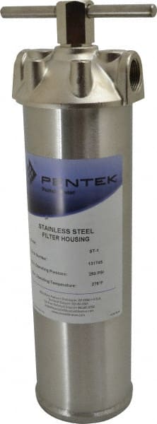 Pentair - 3/4 Inch Pipe, FNPT End Connections, 9-1/4 Inch Long Cartridge, 12-7/8 Inch Long, Cartridge Filter Housing - 1 Cartridge, 10 Max GPM Flow Rate, 250 psi Max Working Pressure, 304 Grade - Exact Tooling