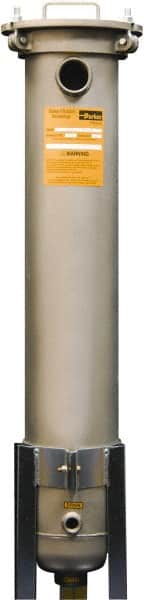 Parker - 2 Inch Pipe, FNPT End Connections, 30 Inch Long Cartridge, 48 Inch Long, Cartridge Filter Housing with Pressure Relief - 5 Cartridges, 75 Max GPM Flow Rate, 175 psi Max Working Pressure, 304 Grade - Exact Tooling