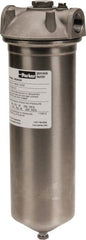 Parker - 3/4 Inch Pipe, FNPT End Connections, 10 Inch Long Cartridge, 12-3/4 Inch Long, Cartridge Filter Housing with Pressure Relief - 1 Cartridge, 5 Max GPM Flow Rate, 150 psi Max Working Pressure, 316 Grade - Exact Tooling