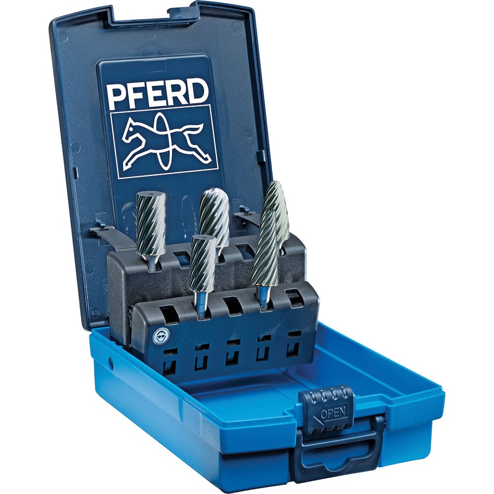 PFERD - 5 Pc Inox Cut Burr Set with Cylinder, Cylinder w/Rad End, Taper, Tree w/Pointed End, Tree w/Rad End - Exact Tooling