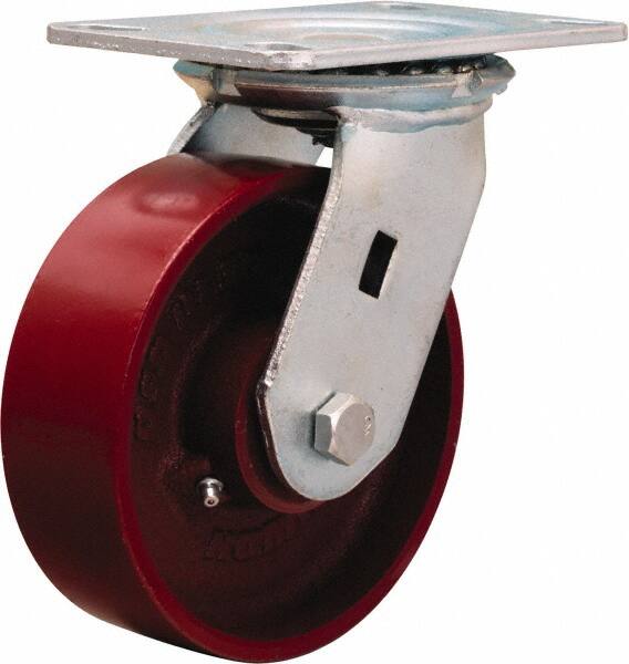 Hamilton - 6" Diam x 2" Wide x 7-1/2" OAH Top Plate Mount Swivel Caster - Cast Iron, 1,400 Lb Capacity, Precision Ball Bearing, 4-1/2 x 6-1/4" Plate - Exact Tooling