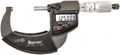 Starrett - 1 to 2" Range, Standard Throat IP67 Electronic Outside Micrometer - Ratchet Stop Thimble, Carbide Face, CR2032 Battery - Exact Tooling