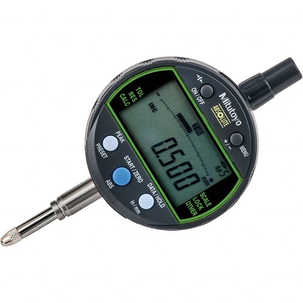 Mitutoyo - 0 to 1/2" Range, 0.00005, 0.0001 & 0.0005" Graduation, Electronic Drop Inidicator - Lug Back, 0.0001" Accuracy, LCD Display, Inch & Metric - Exact Tooling