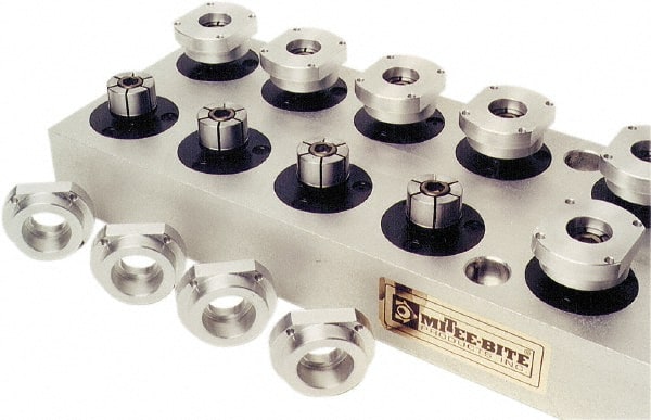 Mitee-Bite - 0.9 to 1.39" Expansion Diam, 5,900 Lb Holding Force, M4 Mounting Screw, M12 Center Screw, Steel ID Expansion Clamps - 2.205" Flange Diam, 1/4" Flange Thickness, 1.79" Mount Hole Diam, 3 Mount Holes, 1-1/4" Overall Height, 120 Ft/Lb Torque - Exact Tooling