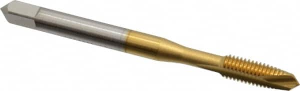 OSG - #10-32 UNF, 2 Flute, TiN Finish, High Speed Steel Spiral Point Tap - Plug Chamfer, Right Hand Thread, 2-3/8" OAL, 7/8" Thread Length, 0.194" Shank Diam, 2B Class of Fit, Series 105 - Exact Tooling