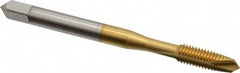 OSG - #10-32 UNF, 2 Flute, TiN Finish, High Speed Steel Spiral Point Tap - Plug Chamfer, Right Hand Thread, 2-3/8" OAL, 7/8" Thread Length, 0.194" Shank Diam, 2B Class of Fit, Series 105 - Exact Tooling
