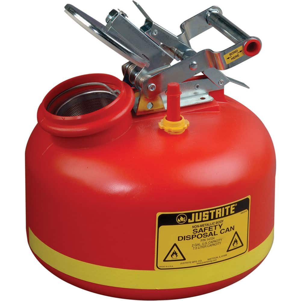 Justrite - Safety Disposal Cans; Capacity (Gal.): 2.000 ; Material: HDPE ; Color: Red ; Height (Inch): 14-3/4 ; Diameter (Inch): 12 - Exact Tooling