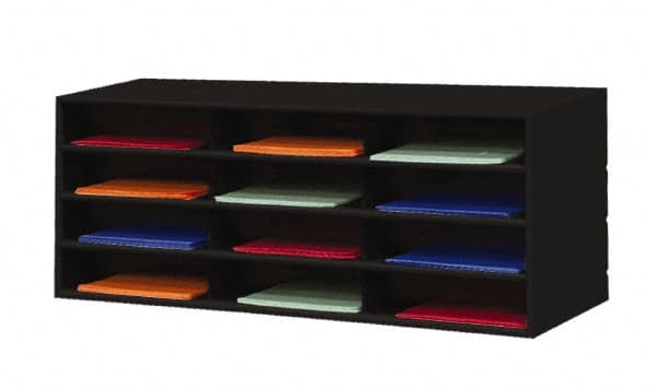 Durham - 38" Wide x 18" High x 16" Deep Steel Literature Holder - 12 Compartments, Black, 11" Wide x 3" High x 11-5/8" Deep Compartment - Exact Tooling