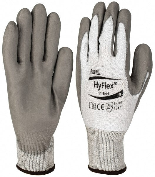 Ansell - Size L (9), ANSI Cut Lvl 2, Puncture Lvl 4, Abrasion Lvl 4, Polyurethane Coated HPPE Fiber Cut Resistant Gloves - 9" Long, Palm Coated, Knit Wrist, Gray/White, Paired - Exact Tooling