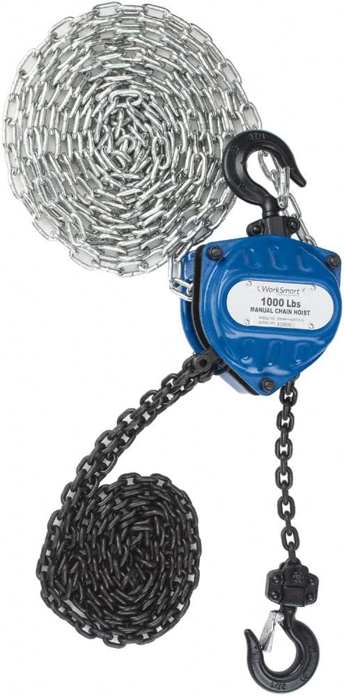 Value Collection - 1,000 Lb Lifting Capacity, 8' Lift Height, Hand Hoist - Made from Chain, 31' Overhaul to Lift 1', 48 Lb Avg Pull to Lift Rated Load, 1 Chain - Exact Tooling