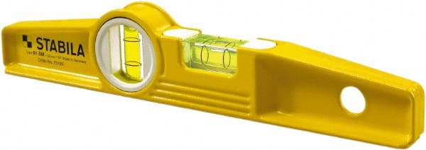 Stabila - Magnetic 10" Long 2 Vial Torpedo Level - Die Cast, Yellow, 1 Plumb & 1 Level Vial - Exact Tooling
