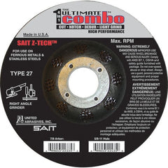 Sait - 5" Wheel Diam, 7/8" Arbor Hole, Type 27 Depressed Center Wheel - Extra Coarse Grade, Zirconia Alumina, S Hardness, 12,200 Max RPM - Exact Tooling