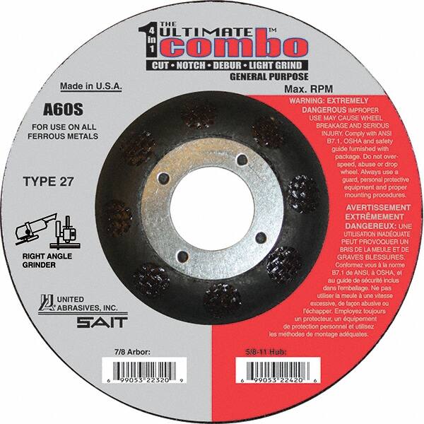 Sait - 60 Grit, 4-1/2" Wheel Diam, 7/8" Arbor Hole, Type 27 Depressed Center Wheel - Extra Coarse Grade, Aluminum Oxide, S Hardness, 13,300 Max RPM - Exact Tooling