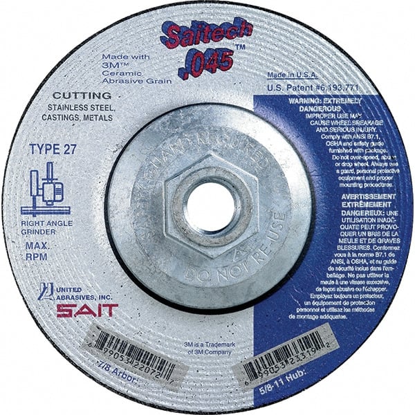 Sait - 5" Wheel Diam, Type 27 Depressed Center Wheel - Extra Coarse Grade, Ceramic, S Hardness, 12,200 Max RPM - Exact Tooling