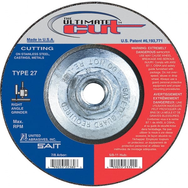 Sait - 5" Wheel Diam, Type 27 Depressed Center Wheel - Extra Coarse Grade, Zirconia Alumina, S Hardness, 12,200 Max RPM - Exact Tooling