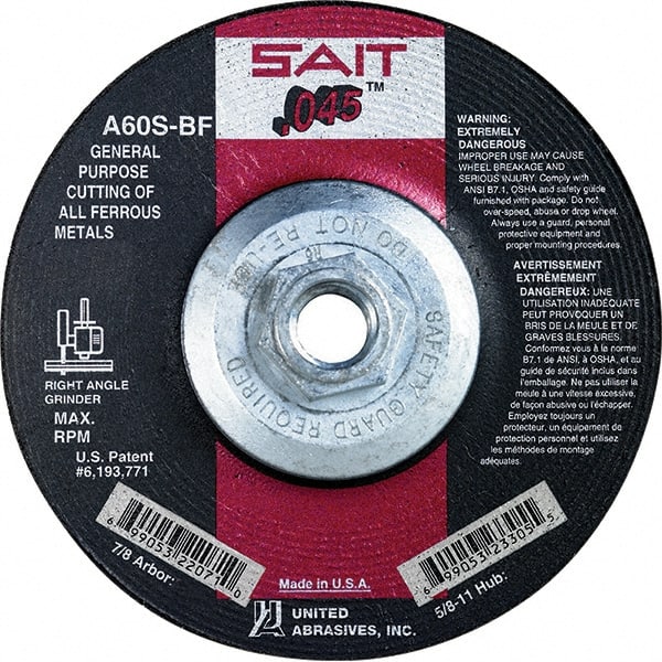 Sait - 60 Grit, 5" Wheel Diam, Type 27 Depressed Center Wheel - Extra Coarse Grade, Aluminum Oxide, S Hardness, 12,200 Max RPM - Exact Tooling