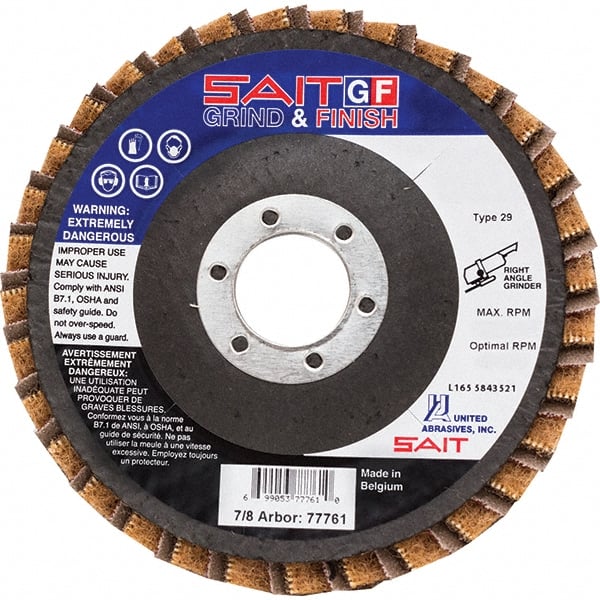 Sait - 60 Grit, 4-1/2" Disc Diam, 7/8" Center Hole, Type 29 Aluminum Oxide Flap Disc - 13,300 Max RPM, Fiberglass Backing, Arbor Attaching System, Coated & Non-Woven Combo - Exact Tooling