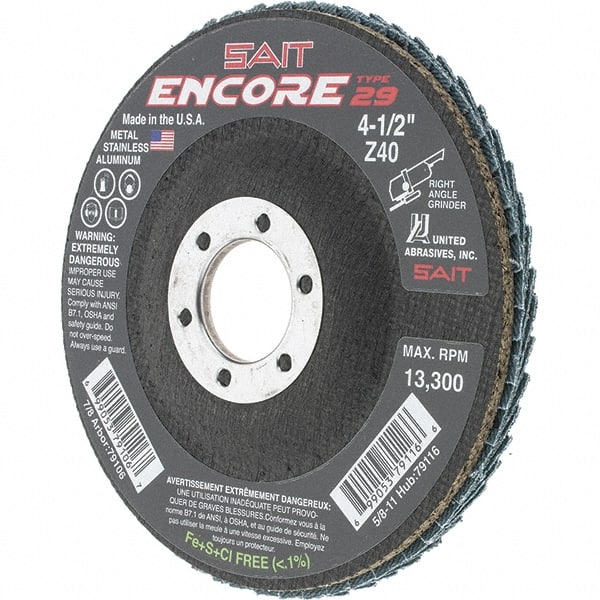Sait - 40 Grit, 4-1/2" Disc Diam, 7/8" Center Hole, Type 29 Zirconia Alumina Flap Disc - 13,300 Max RPM, Fiberglass Backing, Arbor Attaching System, Coated - Exact Tooling