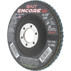Sait - 40 Grit, 4-1/2" Disc Diam, 7/8" Center Hole, Type 29 Zirconia Alumina Flap Disc - 13,300 Max RPM, Fiberglass Backing, Arbor Attaching System, Coated - Exact Tooling