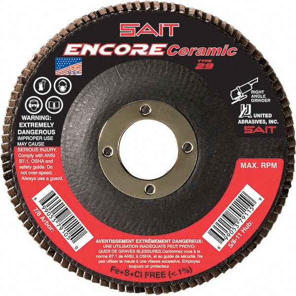 Sait - 80 Grit, 4-1/2" Disc Diam, 7/8" Center Hole, Type 27 Ceramic Flap Disc - 13,300 Max RPM, Fiberglass Backing, Arbor Attaching System, Coated - Exact Tooling