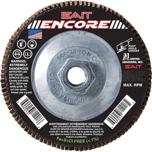 Sait - 36 Grit, 4-1/2" Disc Diam, 5/8-11 Center Hole, Type 27 Zirconia Alumina Flap Disc - 13,300 Max RPM, Fiberglass Backing, Arbor Attaching System, Coated - Exact Tooling