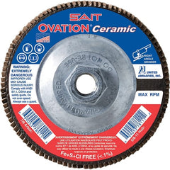 Sait - 60 Grit, 4-1/2" Disc Diam, 5/8-11 Center Hole, Type 27 Ceramic Flap Disc - 13,300 Max RPM, Fiberglass Backing, Arbor Attaching System, Coated - Exact Tooling