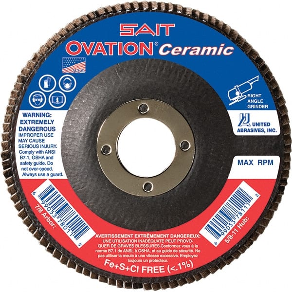 Sait - 36 Grit, 4-1/2" Disc Diam, 7/8" Center Hole, Type 27 Ceramic Flap Disc - 13,300 Max RPM, Fiberglass Backing, Arbor Attaching System, Coated - Exact Tooling