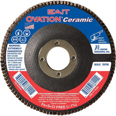 Sait - 40 Grit, 4-1/2" Disc Diam, 7/8" Center Hole, Type 27 Ceramic Flap Disc - 13,300 Max RPM, Fiberglass Backing, Arbor Attaching System, Coated - Exact Tooling