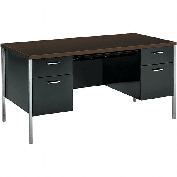 Hon - Woodgrain Laminate Double Pedestal Desk with Center Drawer - 60" Wide x 30" Deep x 29-1/2" High, Mocha/Black - Exact Tooling