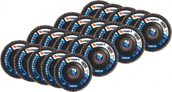 Weiler - 426 Grit, 4-1/2" Disc Diam, 5/8-11 Center Hole, Type 29 Zirconia Alumina Flap Disc - 13,000 Max RPM, Phenolic Backing, Arbor Attaching System, Coated - Exact Tooling