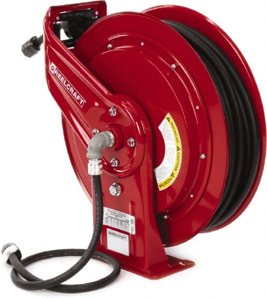 Reelcraft - 12 AWG, 100' Cable Length, Cord & Cable Reel with Outlet End - 1 Outlet, NEMA 5-15R, 15 Amps, 125 Volts, SEOOW Cable, Red Reel, Spring Driven Reel - Exact Tooling