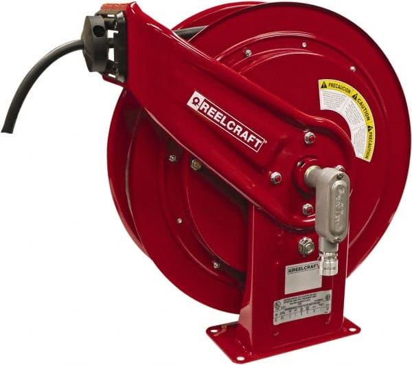 Reelcraft - 12 AWG, 100' Cable Length, Cord & Cable Reel with Flying Lead End - 0 Outlets, 20 Amps, 125 Volts, SEOOW Cable, Red Reel, Spring Driven Reel - Exact Tooling