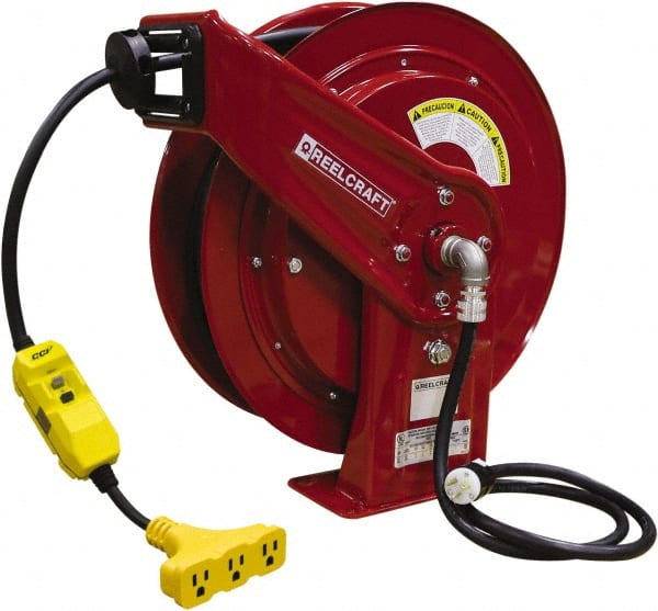 Reelcraft - 12 AWG, 100' Cable Length, Cord & Cable Reel with Triple-Tap with GFCI End - 3 Outlets, NEMA 5-15R, 15 Amps, 125 Volts, SEOOW Cable, Red Reel, Spring Driven Reel - Exact Tooling