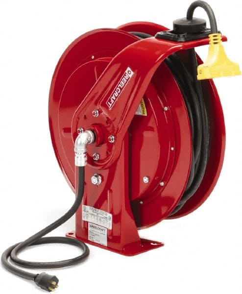 Reelcraft - 12 AWG, 100' Cable Length, Cord & Cable Reel with Triple-Tap Outlet End - 3 Outlets, NEMA 5-15R, 15 Amps, 125 Volts, SEOOW Cable, Red Reel, Spring Driven Reel - Exact Tooling