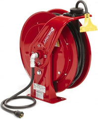 Reelcraft - 12 AWG, 100' Cable Length, Cord & Cable Reel with Triple-Tap Outlet End - 3 Outlets, NEMA 5-15R, 15 Amps, 125 Volts, SEOOW Cable, Red Reel, Spring Driven Reel - Exact Tooling