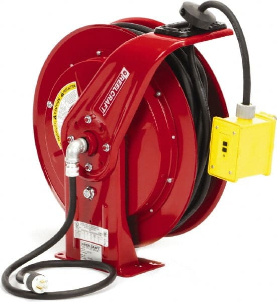 Reelcraft - 12 AWG, 100' Cable Length, Cord & Cable Reel with Duplex GFCI Outlet Box End - 2 Outlets, NEMA 5-15R, 15 Amps, 125 Volts, SEOOW Cable, Red Reel, Spring Driven Reel - Exact Tooling