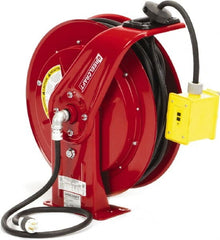 Reelcraft - 12 AWG, 100' Cable Length, Cord & Cable Reel with Duplex GFCI Outlet Box End - 2 Outlets, NEMA 5-20R, 20 Amps, 125 Volts, SEOOW Cable, Red Reel, Spring Driven Reel - Exact Tooling