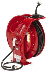 Reelcraft - 12 AWG, 100' Cable Length, Cord & Cable Reel with Twist Lock Receptacle End - 1 Outlet, NEMA L5-20R, 20 Amps, 125 Volts, SEOOW Cable, Red Reel, Spring Driven Reel - Exact Tooling