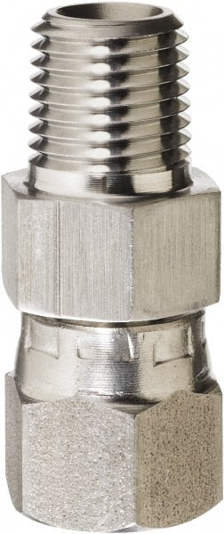Made in USA - 1/2 x 3/8" Grade 316 Stainless Steel Pipe Adapter - MNPT x NPSM Swivel End Connections, 4,200 psi - Exact Tooling