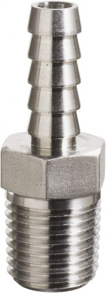 Made in USA - 3/8 x 1/2" Grade 316 Stainless Steel Pipe Hose Connector - Hose Barb x MNPT End Connections, 3,600 psi - Exact Tooling