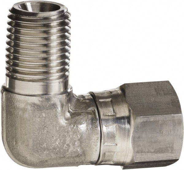 Made in USA - 1/2 x 3/8" Grade 316 Stainless Steel Pipe 90° Elbow - MNPT x NPSM Swivel End Connections, 3,500 psi - Exact Tooling
